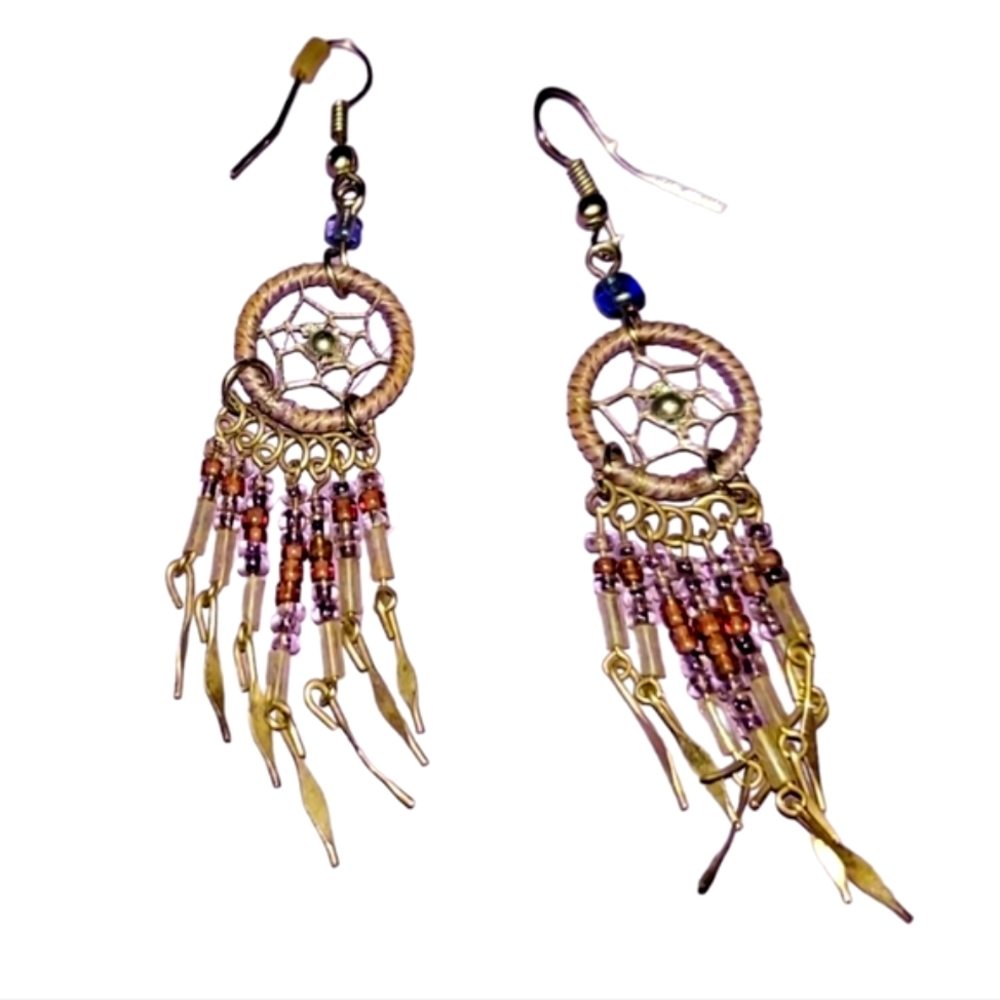 Dream Catcher Dangle Pierced Earrings Tan String Purple Beads Metal Feathers
